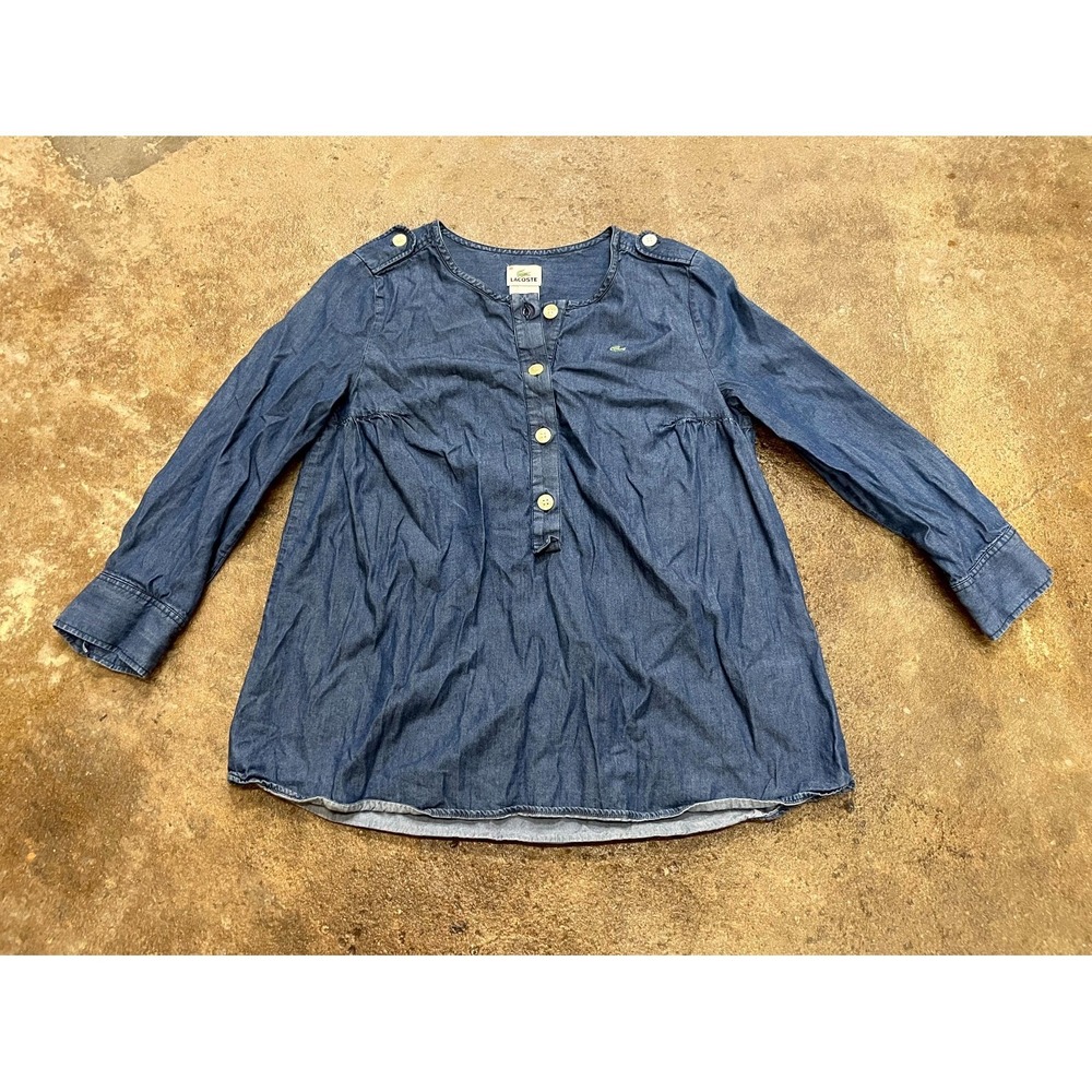 Lacoste Henley Shirt Womens Medium Blue Denim Stretch Epaulets Pleated Classic